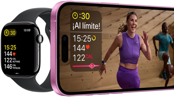 Datos de entrenamiento en un Apple Watch Series 10 y un iPhone