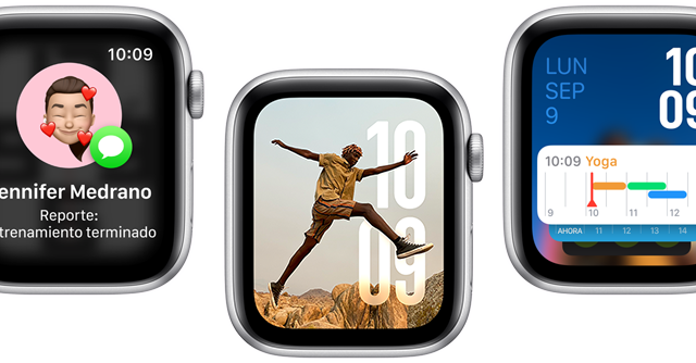 Cinco dispositivos Apple Watch SE muestran la app Traducir, la app Reporte, la carátula Fotos, la carátula Modular y la app Signos Vitales
