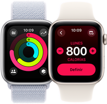 Registro de círculos de Actividad y objetivos de calorías en dos dispositivos Apple Watch SE
