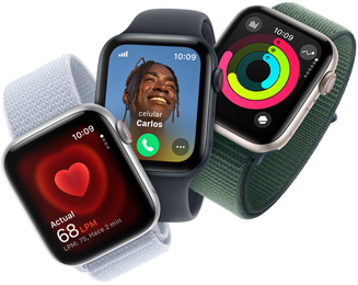 Tres dispositivos Apple Watch muestran un monitoreo de frecuencia cardiaca, una llamada entrante y los círculos de Actividad