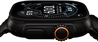 Apple Watch Ultra 3, parte lateral, caja de titanio negro, brújula en la carátula Orientación, botón lateral y Digital Crown