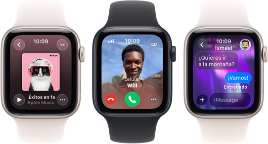 Tres dispositivos Apple Watch SE 3 uno al lado del otro, uno muestra la app Apple Music, otro una llamada telefónica entrante y el otro una conversación en iMessage