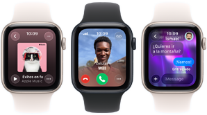 Tres dispositivos Apple Watch SE 3 uno al lado del otro, uno muestra la app Apple Music, otro una llamada telefónica entrante y el otro una conversación en iMessage