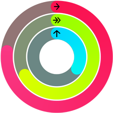 Círculos de Actividad rojo, verde y azul, que representan las metas de movimiento, ejercicio y pararse en la app Actividad