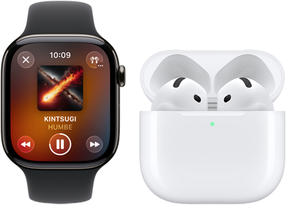 Apple Watch Series 11, caja de titanio color pizarra, correa deportiva negra, app Apple Music abierta, enlazado con unos AirPods 4