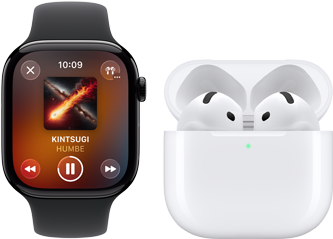 Apple Watch Series 11, caja de titanio color pizarra, correa deportiva negra, app Apple Music abierta, enlazado con unos AirPods 4