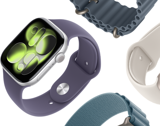 Correas para el Apple Watch Series 11: correa deportiva morado niebla, correa Ocean azul ancla, correa Alpine azul claro