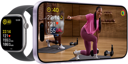 Un Apple Watch junto a un iPhone con una clase de Apple Fitness+ en la pantalla