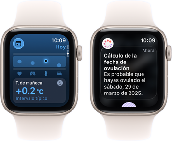 Dos dispositivos Apple Watch SE 3 con cajas de aluminio blanco estelar muestran la app Signos Vitales en pantalla