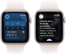 Dos dispositivos Apple Watch SE 3 con cajas de aluminio blanco estelar muestran la app Signos Vitales en pantalla