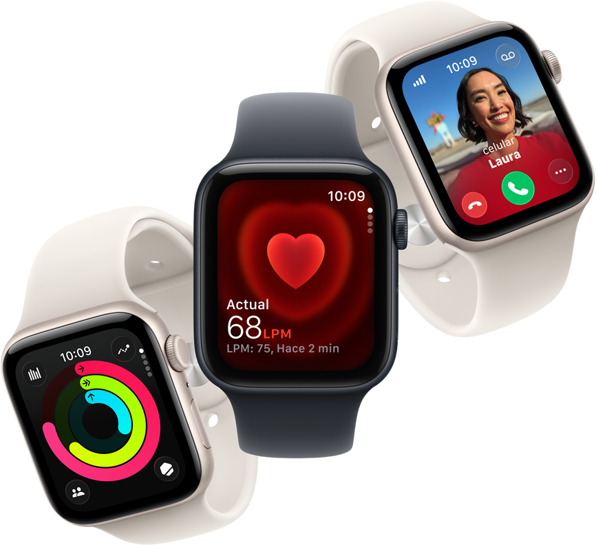 Tres Apple Watch SE 3 flotando uno al lado del otro