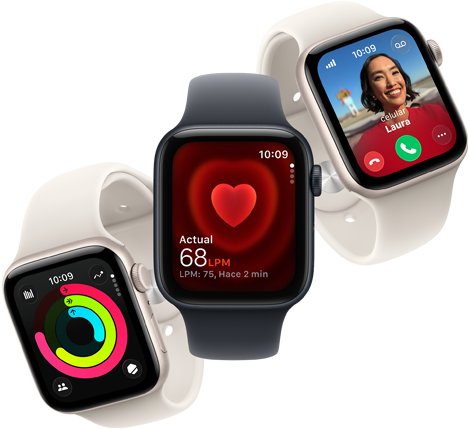 Tres Apple Watch SE 3 flotando uno al lado del otro