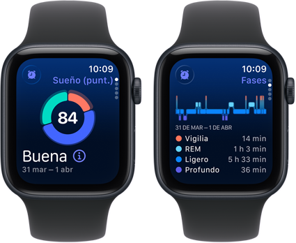 Dos Apple Watch SE 3 con caja de aluminio color medianoche muestran la Puntuación de Sueño y una notificación de posible apnea del sueño en pantalla