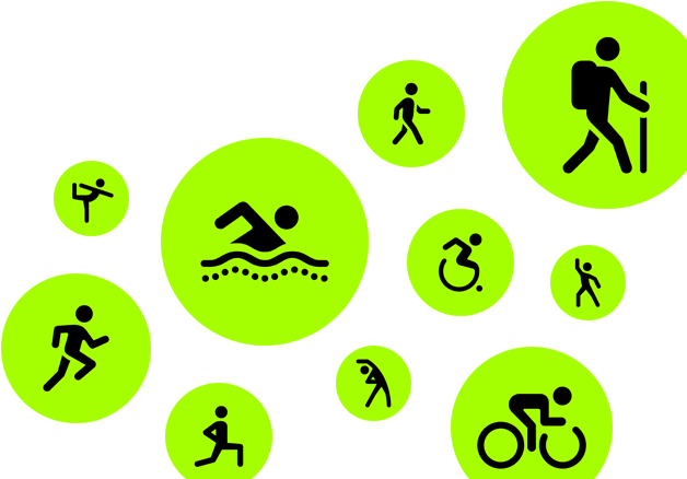 Íconos de entrenamientos con figuras hechas de palitos que corren, caminan, nadan, usan una silla de ruedas, hacen senderismo, andan en bici, hacen zancadas, bailan, hacen estiramientos y yoga