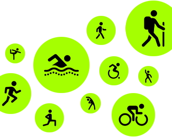 Íconos de entrenamientos con figuras hechas de palitos que corren, caminan, nadan, usan una silla de ruedas, hacen senderismo, andan en bici, hacen zancadas, bailan, hacen estiramientos y yoga